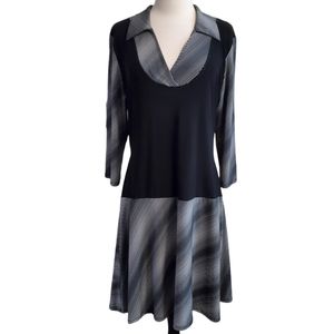 MKM Designs Y2K Black Striped Dress Vneck Dropped Waist Tie Back 3/4 Sleeve Sz L